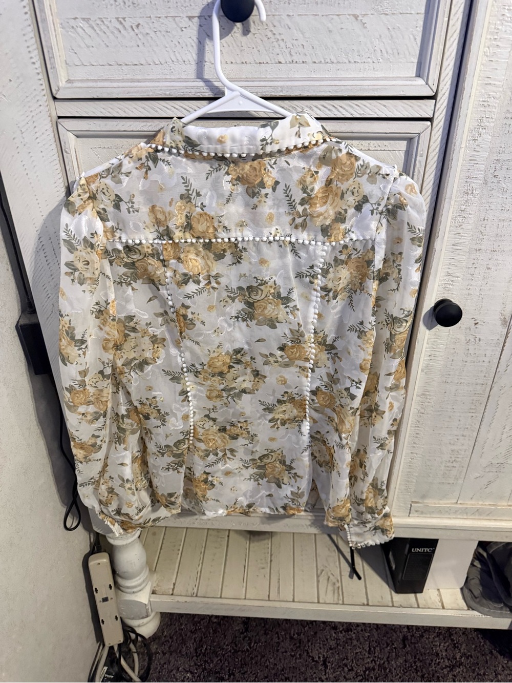 Sheer Floral Pearl-Trim Blouse - White with Gold Floral